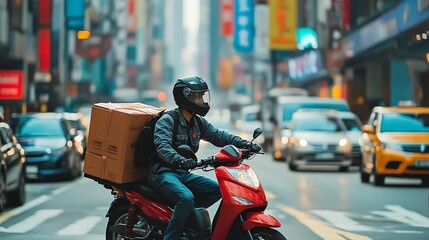 A delivery driver on a motorcycle drives through city traffic.