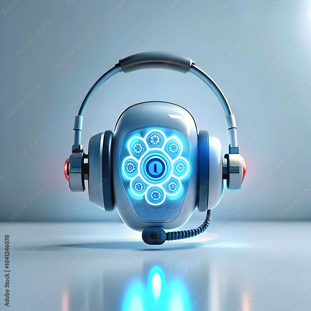 Poster close up headset ai symbol glowing macro shot customer support integration services ample copy space