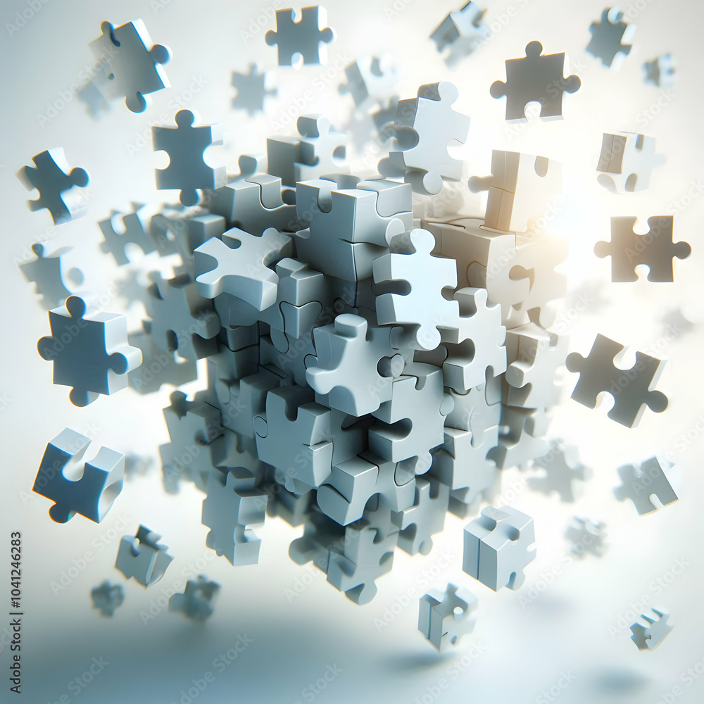 Poster 3d abstract puzzle pieces aerial view jigsaw puzzle concept ethereal light camera rotation business 