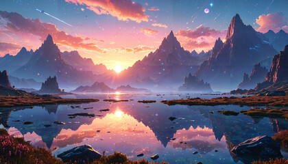Coucher de soleil cosmique sur un paysage montagneux