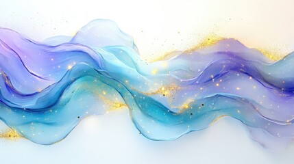 Wavy, light blue and purple translucent energy currents, gold accents, sparkles over a white backdrop, ethereal, flowing, vibrant, glowing