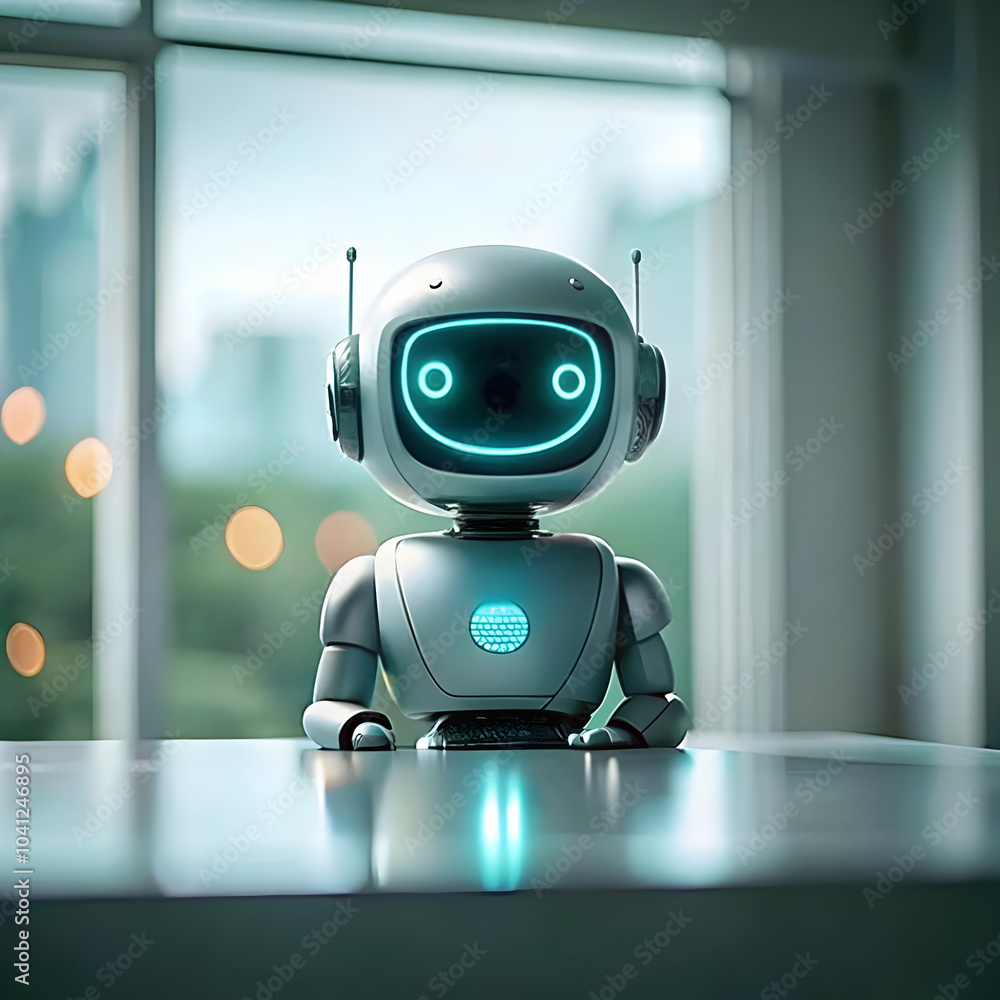 Poster glossy robot assisting customer image, ai in customer support, modern setting with copy space for br