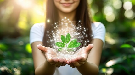 Woman s Hands Holding Green Plant with Digital Network
