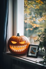 Obraz premium Carved Orange Pumpkin with a Grinning Face on the Window for Halloween