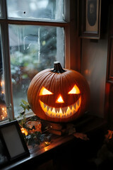 Obraz premium A spooky jack-o-lantern glowing brightly on a table by a window during Halloween night, Carved Halloween Pumpkin
