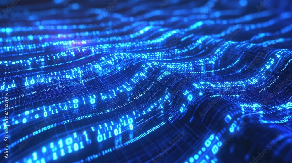 Poster digital waves of binary data in bright blue colors