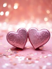 Obraz premium Valentines day festive background with two hearts In Shiny Background Valentine's Day glitter background