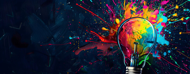 Thinking Differently: Exploding Light Bulb Surrounded by Bright Paint Splashes
