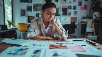Fototapeta premium A young woman is working at a desk in a creative space.