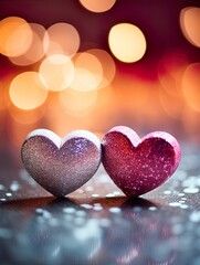 Obraz premium Valentines day festive background with two hearts In Shiny Background Valentine's Day glitter background