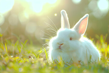 Obraz premium Charming White Bunny in a Lush Green Field at Sunset 