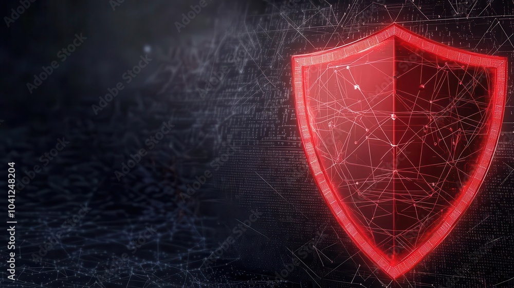 Poster a glowing red shield appears against a dark background, symbolizing protection and security in a dig