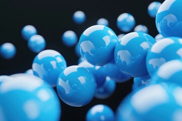 Fototapeta premium Blue Spheres in Circular Formation, a striking display of blue spheres elegantly arranged in a circle, suspended above a white line, set against a deep black backdrop.