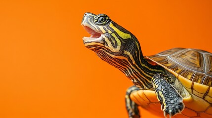 A small turtle with a black, brown, and yellow shell looks to the right.