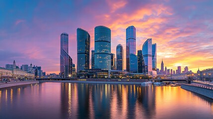 Fototapeta premium The Moscow skyline at sunset, with the Moskva River reflecting the city lights.