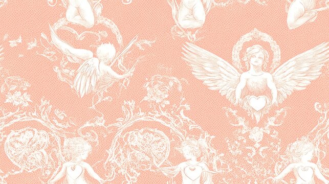 Lace pattern featuring Cupid silhouettes and heart-shaped arrows, delicate lace details, white on a pink background, seamless flow, romantic and sophisticated look, intricate designs, fine texture,