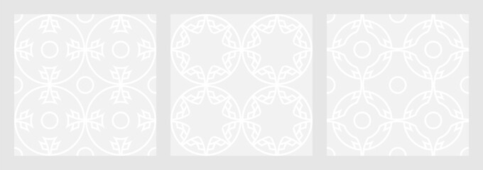 Set of seamless gray patterns of circles arcs lines to create fabric and wallpaper, easy background for Christmas card. Geometric white shapes in trendy retro style for cover decoration.