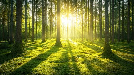 Obraz premium Sunlight Filtering Through a Lush Green Forest