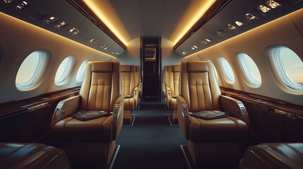Fototapeta premium The luxurious interior of a private jet with leather seats and wood paneling.