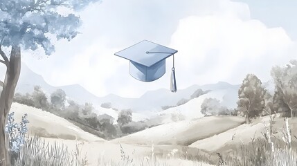 Fototapeta premium Graduation cap levitating above a stunning expansive holographic landscape symbolizing academic achievement success and the boundless potential of the future