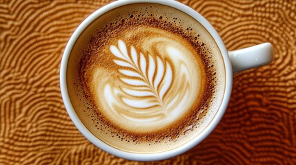 Latte Art  Coffee Cup  Foamed Milk  Coffee Beans  Closeup  Top View  White Cup
