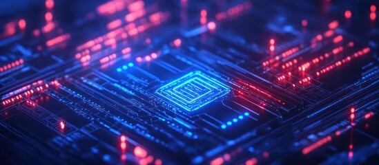 Fototapeta premium Close-up of a circuit board with glowing blue and red lines.