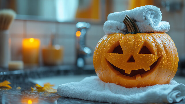 Halloween pumpkin getting ready for the party by dressing up in the bathroom, towel on head, Halloween party, Jack O'lantern