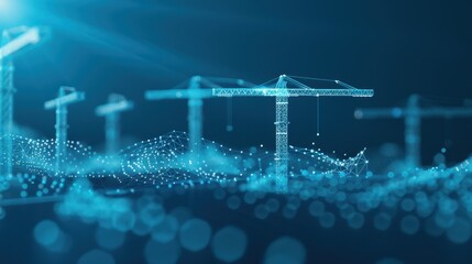 Construction Site Dynamics, a low poly wireframe illustration depicting a bustling construction site filled with tower cranes, showcasing polygons, lines, particles, and connected dots.