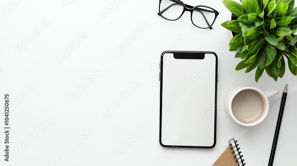 Poster minimalist workspace setup featuring smartphone glasses and notepad for enhanced productivity