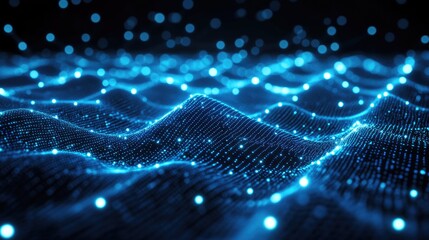 Abstract Blue Digital Waves Flowing and Glowing in the Dark, Futuristic Background with Bright Lights