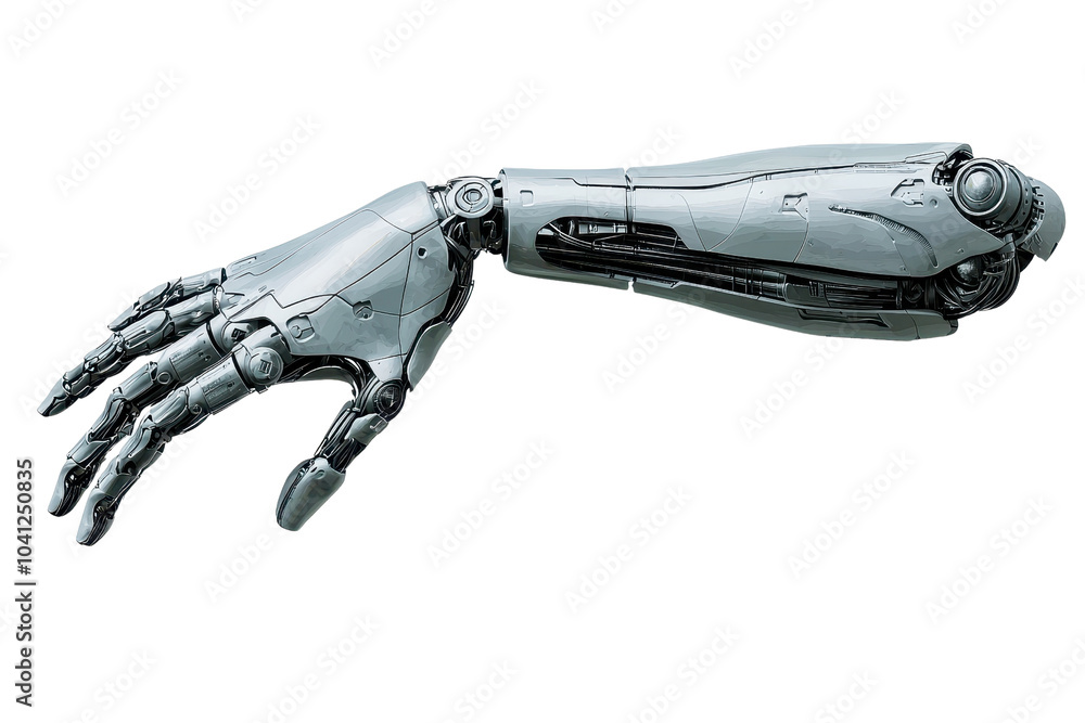 Poster futuristic robotic arm with intricate metal design, showcasing advanced technology in artificial int