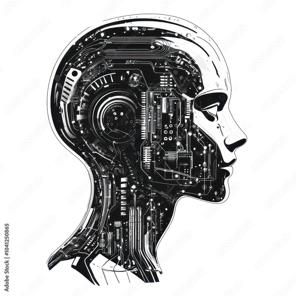 Poster futuristic robotic face profile showcasing intricate circuitry, representing artificial intelligence