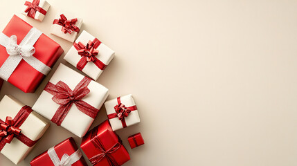 Pile of red and white gifts, light beige background, festive and cheerful marketing space 