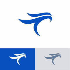 a blue letter T with bird head on it logo design vector