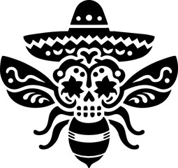 Bee face black silhouette icon logo in the Mexican style

