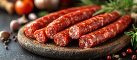 Close-up of a group of cured sausages on a wooden board with rosemary and peppercorns.