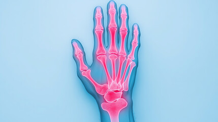Fototapeta premium X-ray image of a human hand with bones highlighted in pink and blue against a light blue background showcasing intricate skeletal structure.