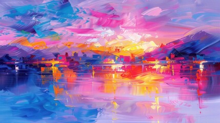 Obraz premium Coastal Cityscape, vibrant digital artwork blending serene sea views with dynamic urban elements, perfect for enhancing wall art and home decor.