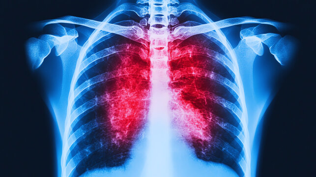 X-ray image of human lungs highlighting areas of concern with vibrant red contrast against a dark background, emphasizing lung health and conditions.