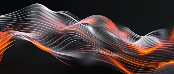 Vibrant Liquid Waveforms, Colorful digital lines create a rhythmic wave pattern against a black backdrop, featuring dynamic orange and white flows that evoke a sense of movement.