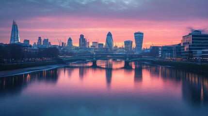 Fototapeta premium A beautiful sunset over the London skyline, with the River Thames reflecting the colors of the sky.