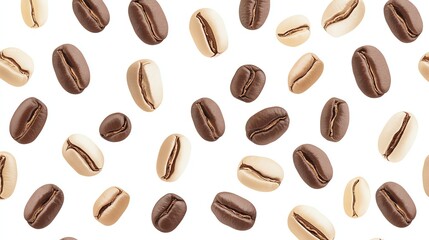 A seamless pattern of coffee beans in various shades of brown against a white background.