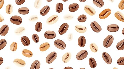 Obraz premium A seamless pattern of coffee beans in various shades of brown against a white background.