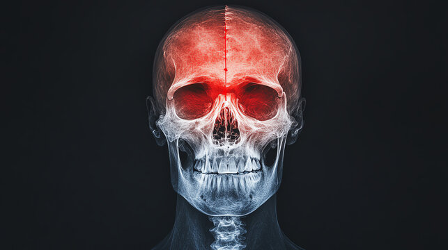 X-ray view of a human skull highlighting the brain area, showcasing a detailed analysis of cranial structures and their significance.