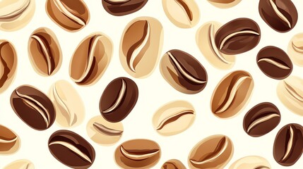 Fototapeta premium A seamless pattern of coffee beans in various shades of brown against a white background.