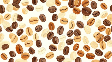 Obraz premium A seamless pattern of coffee beans in various shades of brown against a white background.
