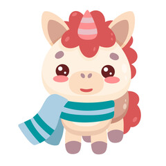 A cute cartoon unicorn with a blue and white striped scarf around its neck. The horse has a big smile on its face, and it looks very happy. Vector illustration.