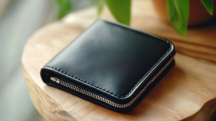 Black Leather Wallet with a Zipper Closure on Wooden Surface