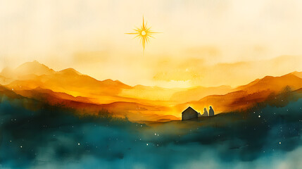 A minimalist watercolor scene of the Nativity, using soft washes of color to suggest the forms of the Holy Family and the stable, with the Star of Bethlehem shining brightly above in golden tones