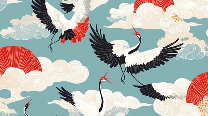 A seamless pattern featuring Japanese cranes flying through the clouds with a red sun in the background.